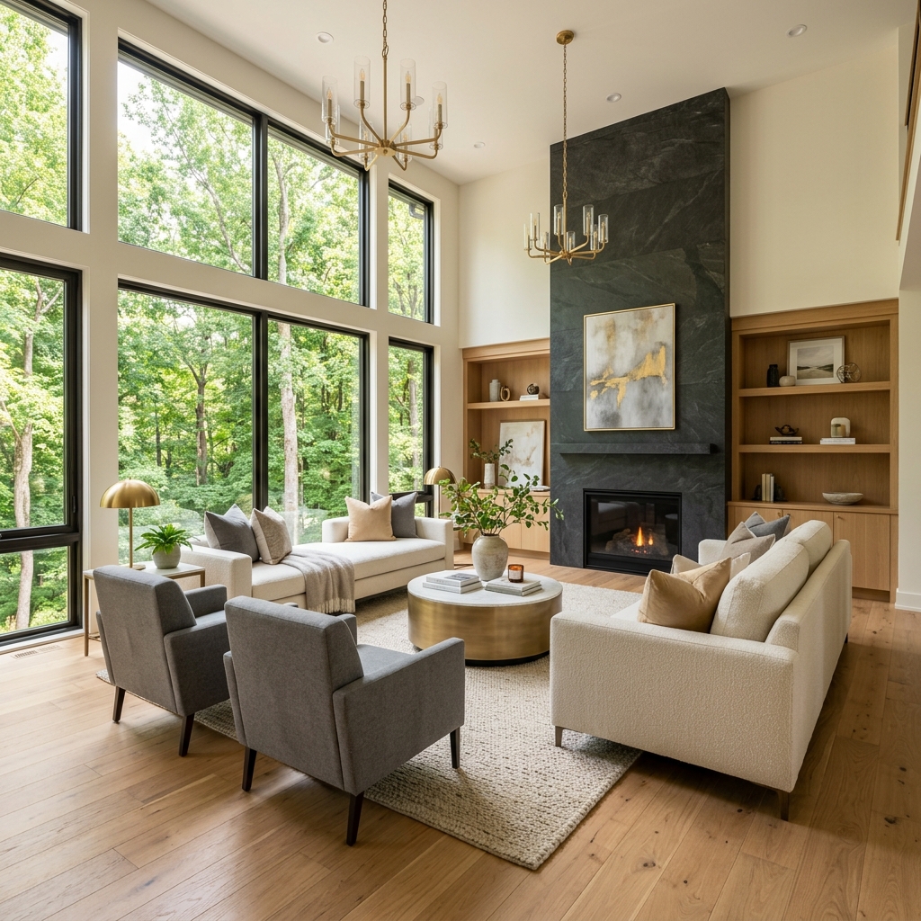 Luxurious living room interior with forest views